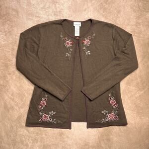 Vintage 90s Floral Embroidered One Button Cardigan Sweater Brown Fairy Cottage